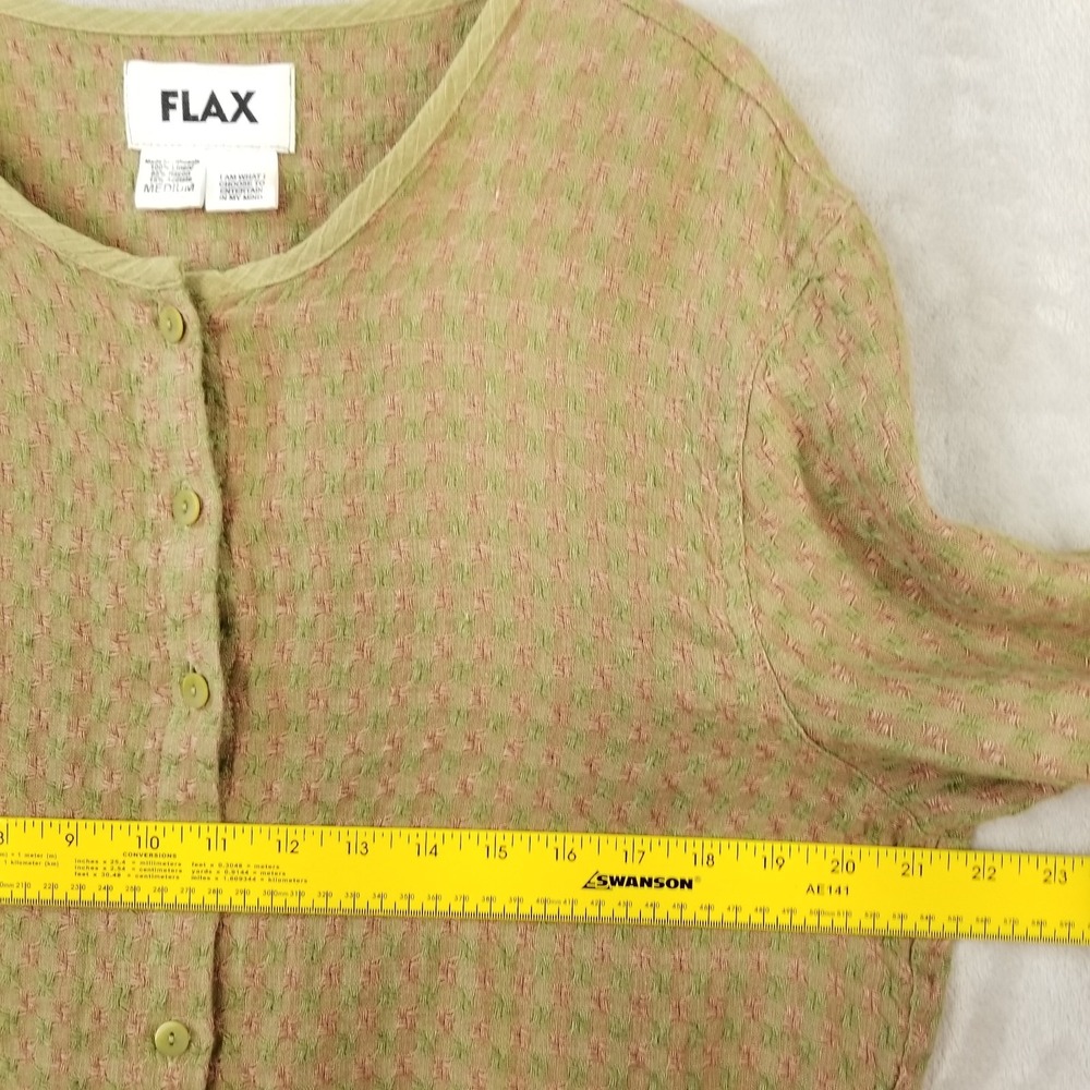 Flax Cardigan Women M Pink Green Check Linen Long Sleeve Pocket Jacket Topper - Picture 4 of 8